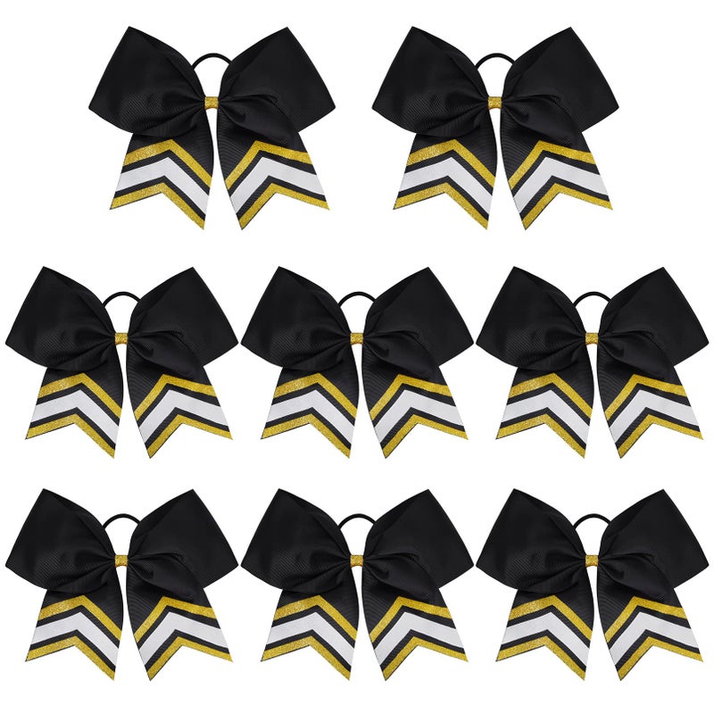 DEEKA 8PCS Large Glitter Cheer Bows Shiny 7 Cheer Hair Bows Ponytail Holder Handmade for Cheerleader Girls Softball Sports Blackg Gold